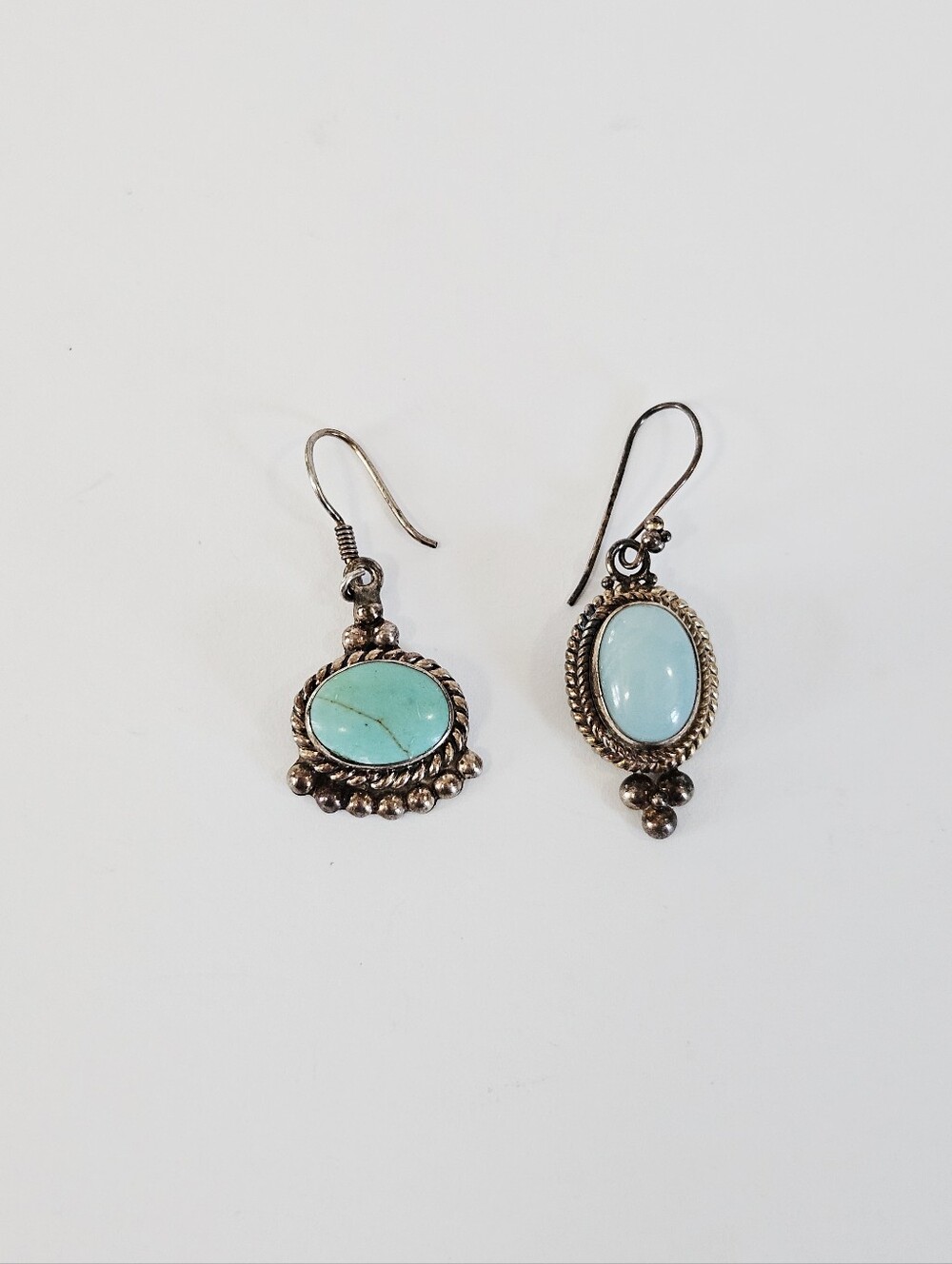 Vintage Sterling Silver Turquoise Chalcedony Stone Drop Mismatched Earring Set